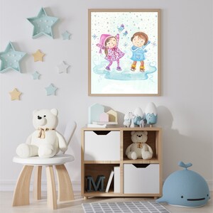 Kids Room Art, Baby Room Wall Art, Winter Watercolor, Watercolor Painting Winter Kids image 2