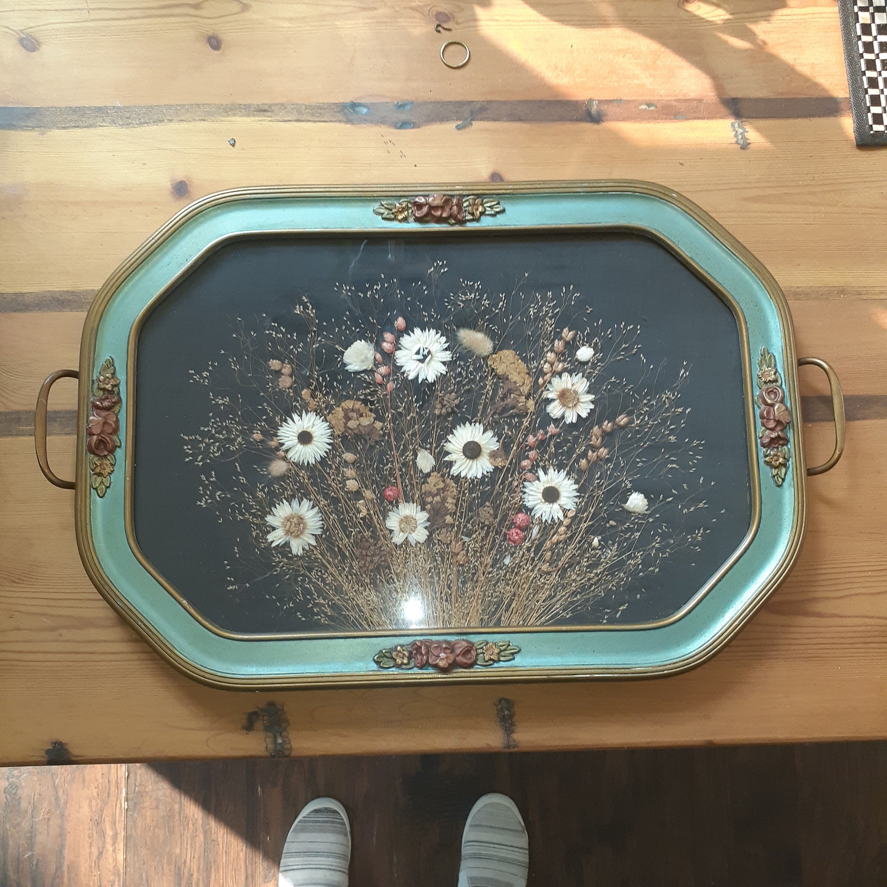 Antique Wood & Glass Serving Tray with Dried Flowers Center Kitchen