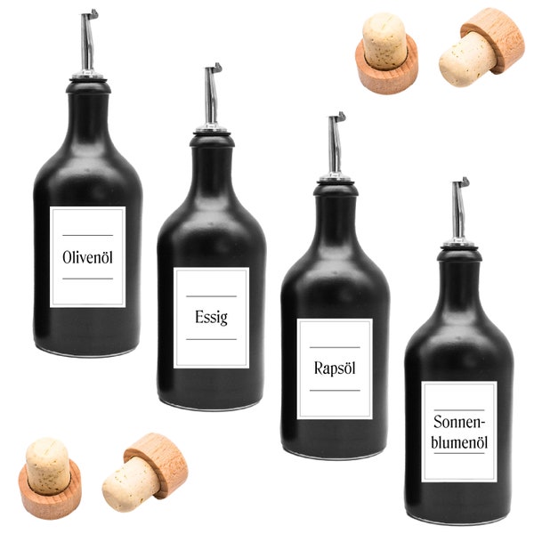 Ölflaschen-Set aus Keramik - mit Edelstahl-Ausgießer und Holzkorken wasserfeste Etiketten - 500ml - ideal zum Verschenken - Made in Germany