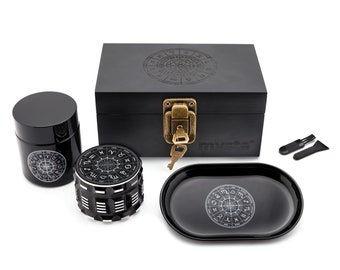 MYSTE Zodiac (stock UE) Boîte de rangement avec accessoires, grand broyeur 63 mm, ensemble anti-odeur en bois, kit combiné Premium Stashbox verrouillable