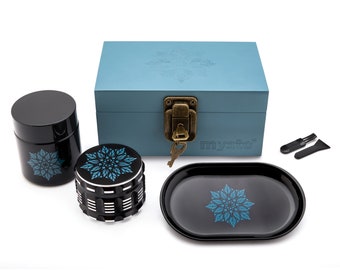 Boîte cachette Mandala MYSTE BLUE (stock UE) avec accessoires, grand grinder 63 mm, ensemble anti-odeurs en bois, kit combo box premium verrouillable