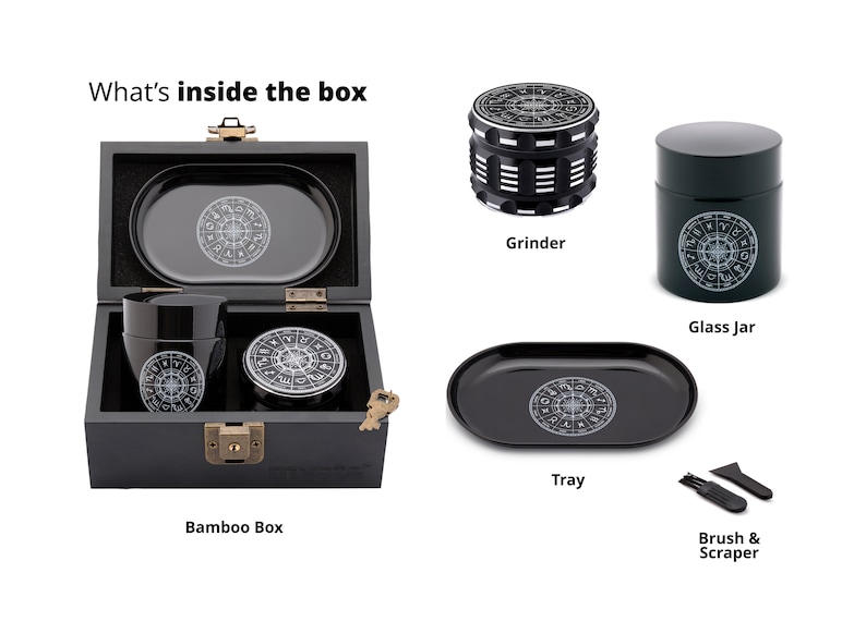 MYSTE Sternzeichen EU Lager Stash Box mit Zubehör, großer Grinder 63mm, geruchssicheres Set aus Holz, Stashbox Premium Combo Kit Abschließbar Bild 3