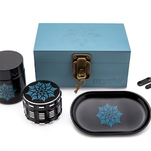 MYSTE BLUE MANDALA Stash Box With Accessories, Large Grinder 2.5&#39;&#39;, Smell Proof Set, Stashbox Combo Kit Lockable