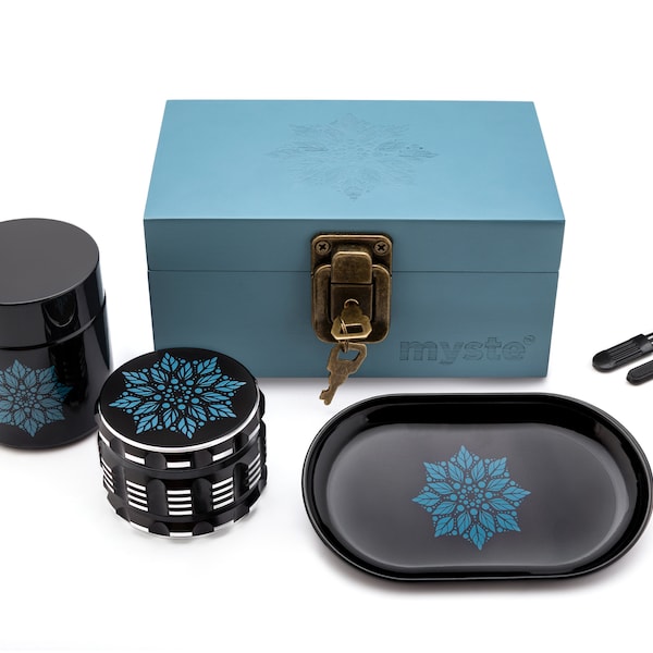 MYSTE BLUE MANDALA Stash Box With Accessories, Large Grinder 2.5'', Smell Proof Set, Stashbox Combo Kit Lockable