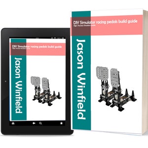 Op de afbeelding: Een digitale boekomslag met een turquoise en roze achtergrond. De titel is "DIY Simulator racing pedals build guide" door Jason Winfield. De omslag toont een 3D-weergave van een set racepedalen.