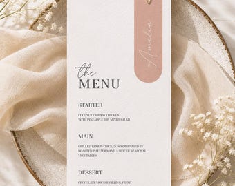 Cartões de menu de casamento personalizados, etiquetas de nome modernas e finas, papel cartão de 90 x 25 mm.