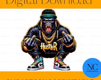 Urban Streetwear Gorilla T-Shirt Design - Hustler Ape with Gold Chains and Sneakers - Digital Download for Apparel and Merchandise