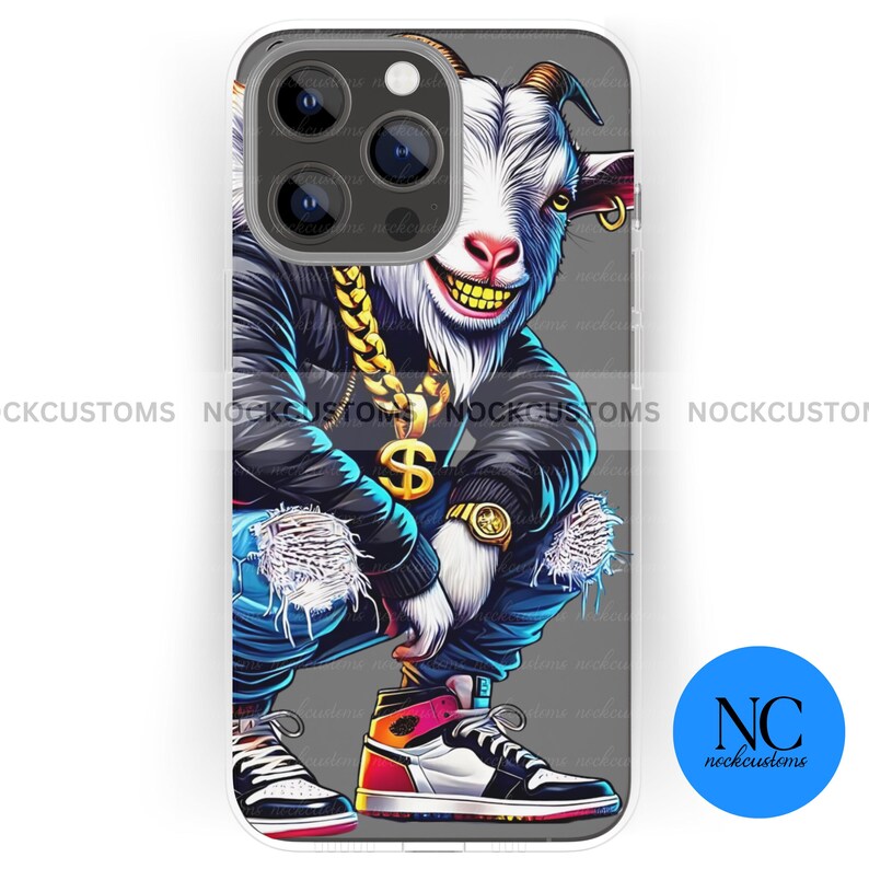 May include: A phone case with a cartoon goat wearing a gold chain and a black jacket. The goat is wearing a pair of blue jeans and a pair of red and white sneakers. The phone case is white with a clear back.