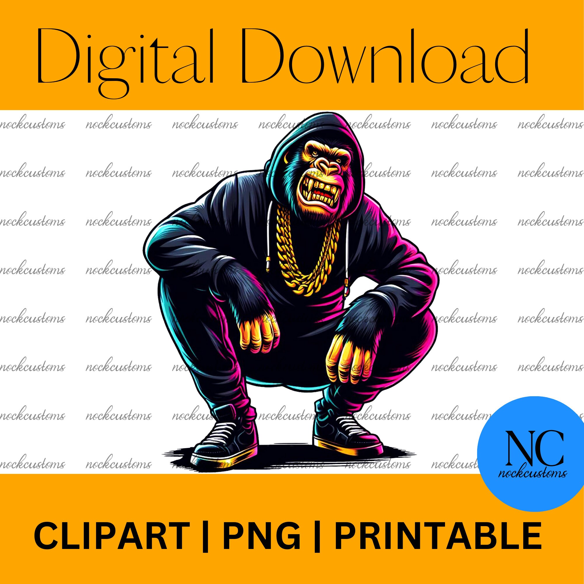 Misbehavin' Gorilla - Gold Grills and Attitude T-Shirt Design: Urban Gorilla, Gangster Gorilla, Transparent Image, PNG