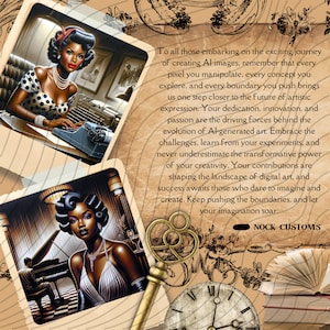 Peut inclure: Un collage de style vintage avec deux illustrations de femmes en tenue r&eacute;tro. Une illustration montre une femme &agrave; une machine &agrave; &eacute;crire, l'autre une femme pr&egrave;s d'un piano. Le texte encourage les cr&eacute;ateurs d'images IA &agrave; repousser les limites. Comprend une cl&eacute; d&eacute;corative et une horloge.