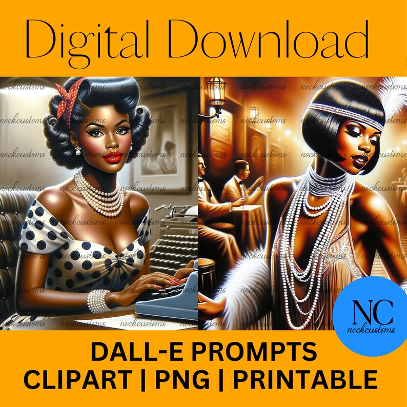 Peut inclure: T&eacute;l&eacute;chargement num&eacute;rique avec deux illustrations vintage de femmes &eacute;l&eacute;gantes. L'une tape &agrave; la machine &agrave; &eacute;crire, l'autre porte une robe de flapper. L'image comprend le texte "DALL-E PROMPTS CLIPART | PNG | PRINTABLE".