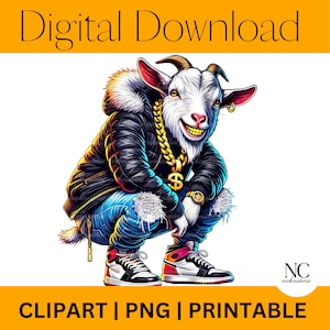 May include: A cartoon goat wearing a black leather jacket, blue jeans, and a gold chain with a dollar sign pendant. The goat is wearing sneakers and has a mischievous grin.