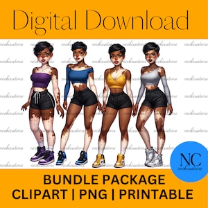 Op de afbeelding: Digitaal downloadbare clipartbundel van vier vrouwen met vitiligo die verschillende outfits en sneakers dragen. De vrouwen dragen een paarse, blauwe, gele en grijze croptop met een zwarte short. De vrouwen staan op een witte achtergrond.