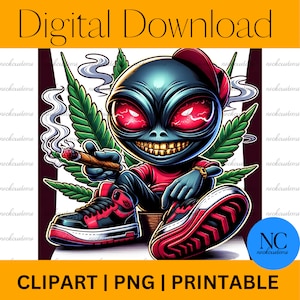 Puede incluir: Un extraterrestre de dibujos animados con ojos rojos y una sonrisa traviesa lleva una camisa roja, pantalones negros y zapatillas. El extraterrestre sostiene un porro encendido y está sentado en una caja de madera. El extraterrestre está rodeado de hojas verdes de marihuana y humo.