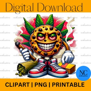 Könnte beinhalten: Ein Cartoon-Cookie mit einem lächelnden Gesicht, das rote und weiße Turnschuhe trägt, eine brennende Zigarre und einen Joint hält. Der Cookie ist von grünen Marihuana-Blättern und Rauch umgeben.