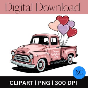 Valentine Vintage Truck with Heart Balloons | Retro Pink Pickup PNG, Valentine&#39;s Day Truck Png, Truck with Ballons Png,