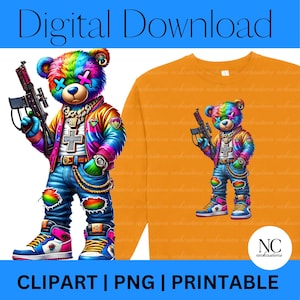 Hip Hop Teddy Bear, Cartoon Teddy Bear, Neon Colorful Sublimation, Ripped Teddy,  Streetwear Urban Teddy, Graffiti Design, Animal PNG
