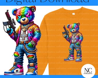 Neon Graffiti Teddy Bear PNG: Urban Streetwear Design (Digital Download)