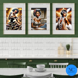 Peut inclure: Trois impressions d'art encadr&eacute;es pr&eacute;sentant des illustrations de style vintage de femmes noires. L'une montre une chanteuse sur sc&egrave;ne, une autre une femme &agrave; la machine &agrave; &eacute;crire et la troisi&egrave;me une femme en robe de flapper. Les impressions sont dans des cadres dor&eacute;s.