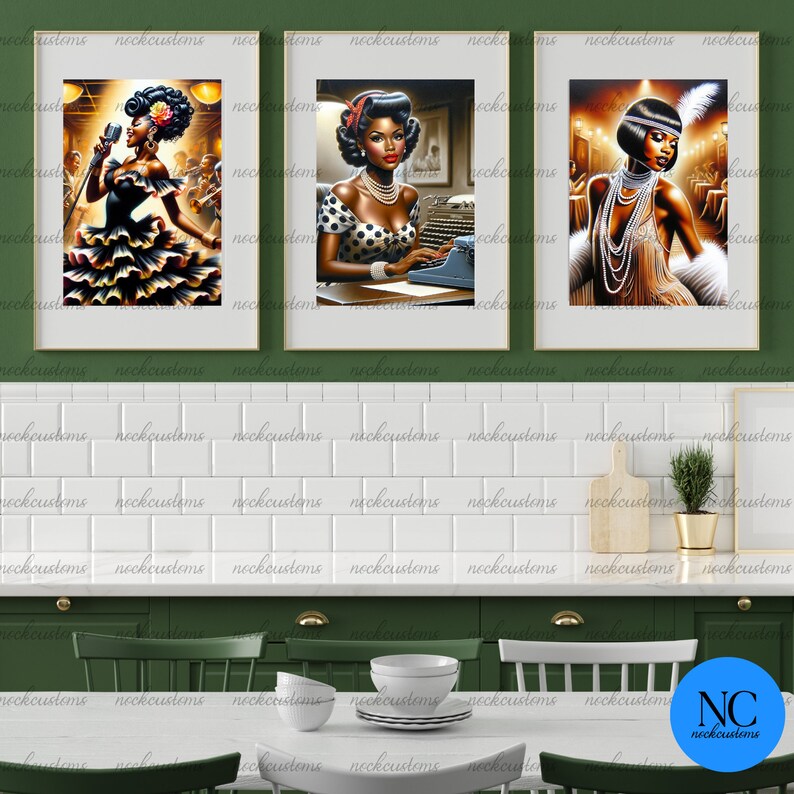 Peut inclure: Trois impressions d'art encadr&eacute;es pr&eacute;sentant des illustrations de style vintage de femmes noires. L'une montre une chanteuse sur sc&egrave;ne, une autre une femme &agrave; la machine &agrave; &eacute;crire et la troisi&egrave;me une femme en robe de flapper. Les impressions sont dans des cadres dor&eacute;s.