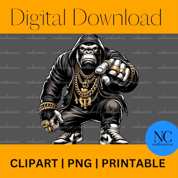 Hip Hop Gorilla Vector Art - Bling King Ape with Gold Chain and Rings - Street Fashion Digital Download for T-Shirts and Merch