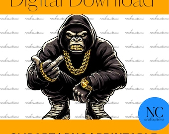 Gangsta Rilla - Middle Finger Majesty T-Shirt Design: Urban Gorilla, Gangster Gorilla, Transparent Image, PNG
