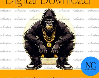 Moon Shine Gangster Gorilla Streetwise Charm T-Shirt Design: Animated Gorilla, Gold Teeth Gorilla with Hoddie and Money Sign Chain