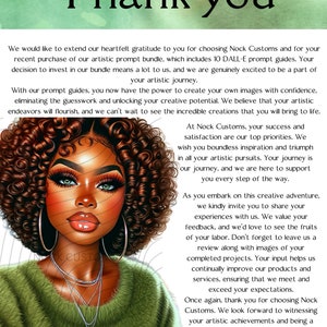Peut inclure: Illustration num&eacute;rique d'une femme aux cheveux bruns boucl&eacute;s, aux yeux verts et aux l&egrave;vres pulpeuses, v&ecirc;tue d'un pull vert et de colliers argent&eacute;s. L'image comprend le texte "Merci" et un message de Nock Customs.