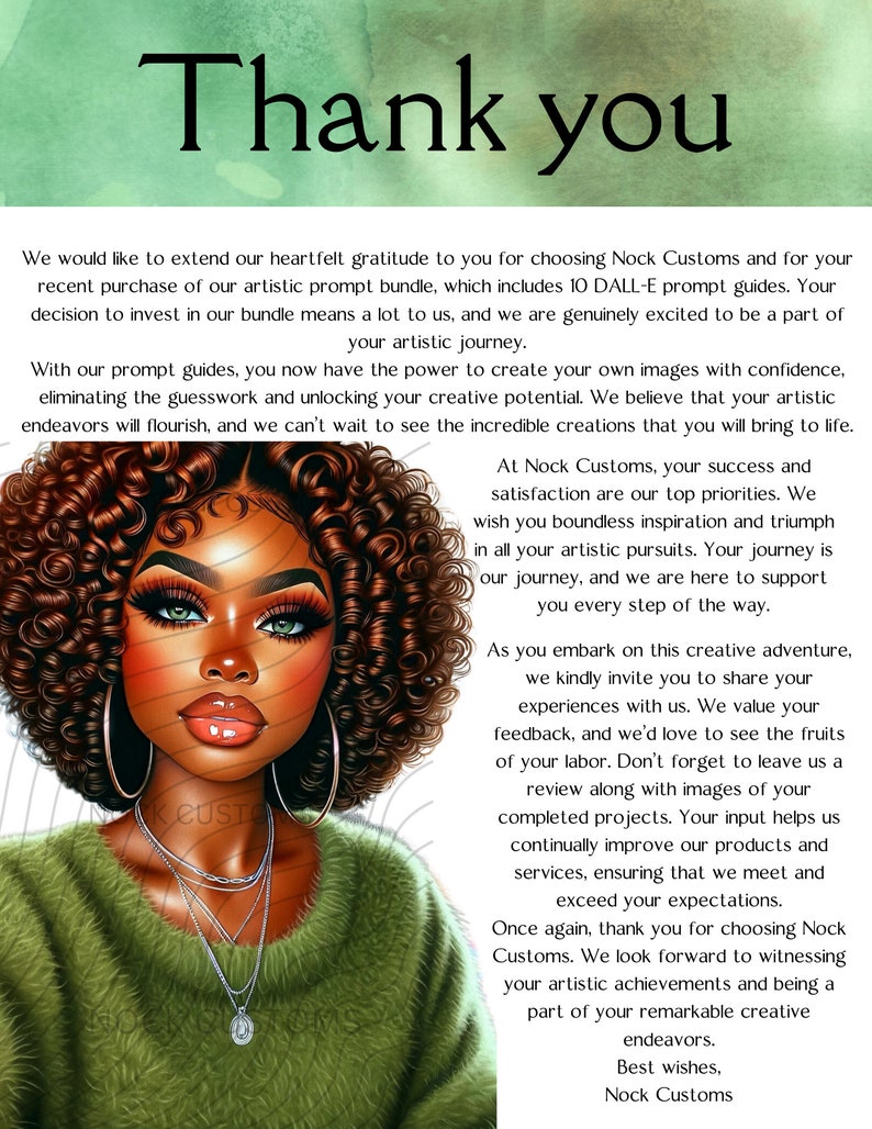 Peut inclure: Illustration num&eacute;rique d'une femme aux cheveux bruns boucl&eacute;s, aux yeux verts et aux l&egrave;vres pulpeuses, v&ecirc;tue d'un pull vert et de colliers argent&eacute;s. L'image comprend le texte "Merci" et un message de Nock Customs.