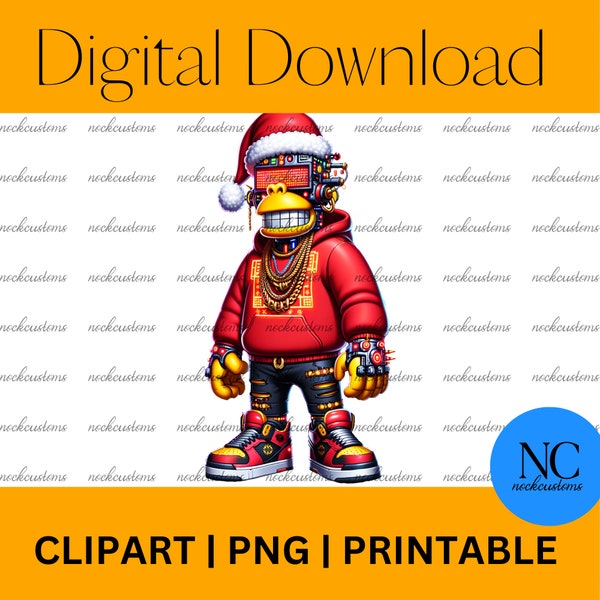 Christmas Holiday Tech Gorilla Digital Art - Simpson-Inspired Robot Ape with Santa Hat - Festive Sci-Fi Animal Print for Home Decor