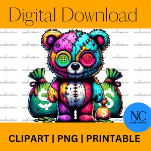 Puede incluir: Un oso de peluche colorido, cosido con botones desparejados para los ojos, sosteniendo dos bolsas de dinero verdes con signos de dólares. El oso está de pie sobre un fondo blanco.