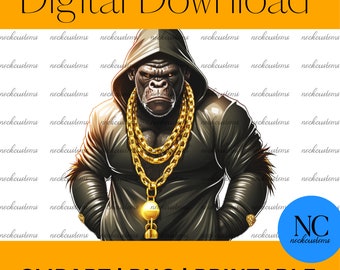 Gorilla Gangster Streetwise Charm T-Shirt Design: Animated Urban Gorilla with Hoodie and Heavy Gold Chain