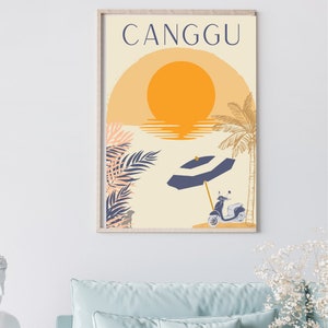 Bali Beach Travel Poster CANGGU original design artwork, palm tree art decor printable large format tropical styling vintage print wall art