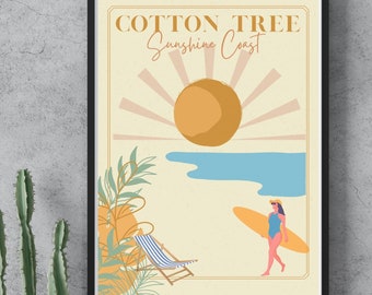 Queensland Travel Poster, Sunshine Coast vintage beach original design Art Deco illustrated wall art digital poster