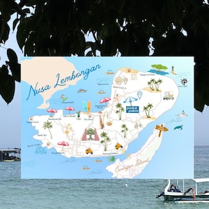 Peut inclure: Une carte illustrée bleu clair de Nusa Lembongan et de l'île de Ceningan présentant divers points de repère, plages et activités. La carte comprend des étiquettes de texte pour des lieux comme Mangrove Point, Dream Beach et Pantai Palms, avec des icônes colorées représentant des palmiers, des parasols, des bateaux et la vie marine.