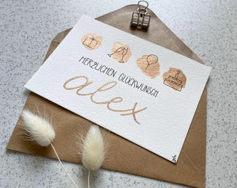 handgemachte Geburtstagskarte | Geburtstagskarte Name | Karte personalisiert | Aquarell | Gold | runder Geburtstag