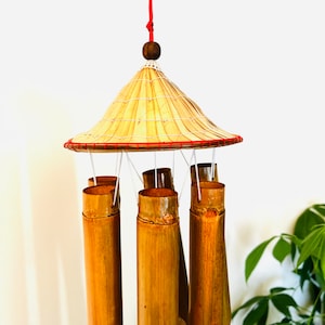 Bamboo Wind Chime, Garden Yard Patio Balcony Outdoor Indoor Wind Chimes Hanging Decoration, Vietnamese Hat Design Wind Chime, Eco Gift