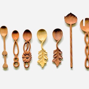 Handcarved Wooden Spoon, Organic Love Kitchen Utensil, Hearts handle Spoons, Vintage Serving Spoons, Crafted Eco Gift Set, Handcrafted