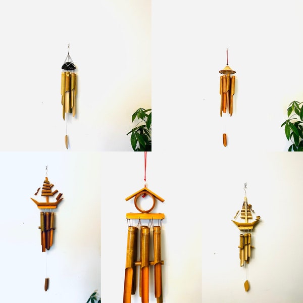 Assorted Bamboo Wind Chime, Garden Yard Patio Balcony Outdoor Indoor Wind Chime Hanging Decoration, Boat Hat BowlDesign Wind Chime, Eco Gift