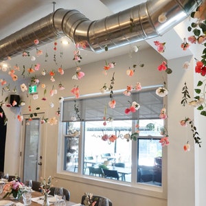 Hanging flowers photo backdrop, flower garland on fishing line, photo backdrop for bridal shower, baby shower flowers, wedding decor Flower