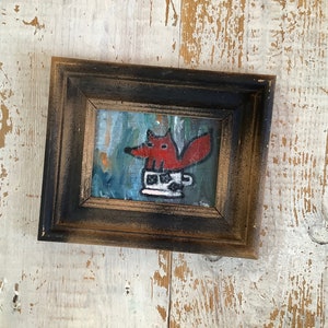 Fox illustration oil on wood miniature cute painting framed