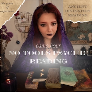 May include: A person with red hair wearing a purple lace head covering, positioned behind several stacks of tarot cards. Text overlays read 10+ years of experience, ANCIENT DIVINATION READING, same hour, and NO TOOLS PSYCHIC READING.
