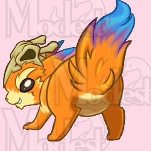 May include: Illustration of a cartoon fox-like creature with orange fur and a blue and purple tail. The creature has a skull-like headpiece. The word "Modest" is written in black and white above the creature on a pink background.