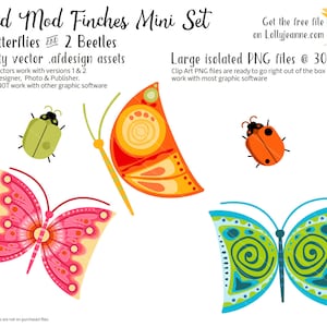 Mid Mod Finches Mini Set 3 Butterflies and 2 Beetles Affinity Designer Vector and PNG Clip Art Assets