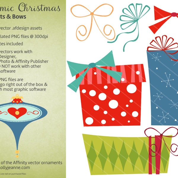 Mid Century Atomic Christmas Presents & Bows Affinity Designer Vector and PNG Assets