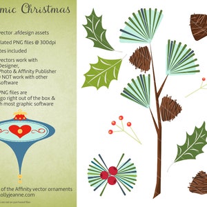 Mid Century Atomic Christmas Pinecones, Berries, Holly & Pine Branch Affinity Designer Vector and PNG Assets