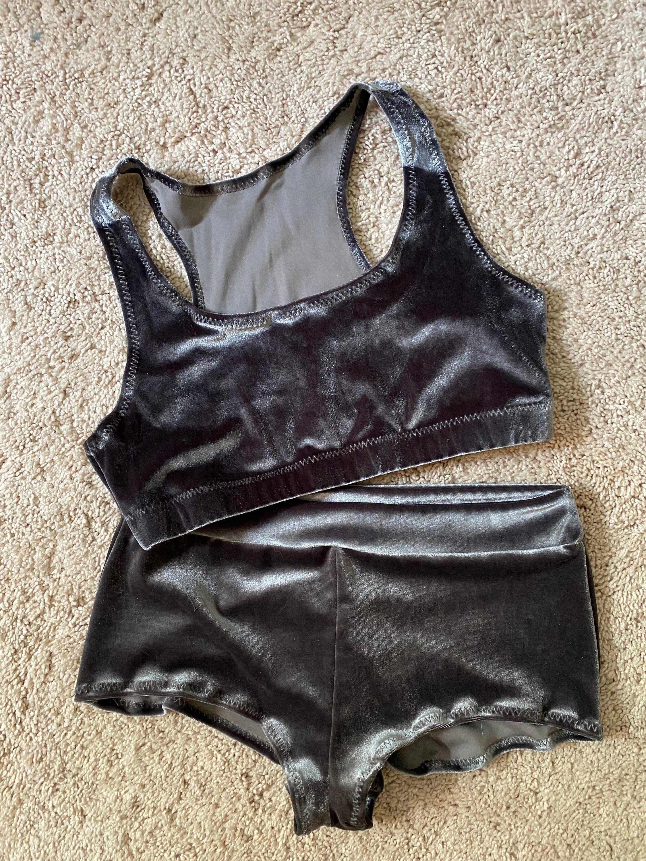 Sports Bra and Ruched Booty Shorts Set Charcoal Velvet Etsy