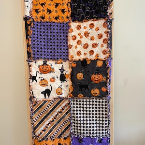 Halloween Rag Quilt, Black Cat Throw Blanket