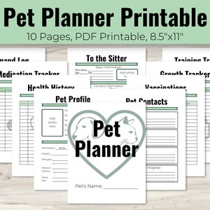 Può includere: Pianificatore per animali domestici stampabile con 10 pagine, tra cui sezioni per farmaci, addestramento, crescita, vaccinazioni e contatti degli animali domestici. Il pianificatore presenta uno schema di colori verde e bianco con un logo a forma di cuore che dice "Pet Planner".