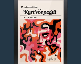 Puede incluir: Una portada de libro con un diseño abstracto colorido que presenta una cara. El título es "Bluebeard" de Kurt Vonnegut. El texto "ciencia ficción" también está incluido en la portada.